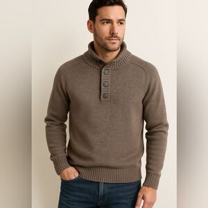 J.Crew Men’s Cotton Shawl Collar Sweater – Button Mock Neck Taupe Brown Size M
